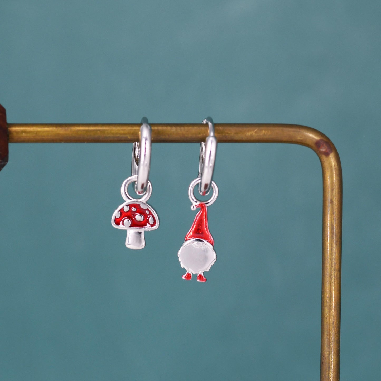 Mismatched Gnome and Mushroom Huggie Hoop Earrings in Sterling Silver with Hand Painted Enamel, Winter Earrings, Christmas Earrings
