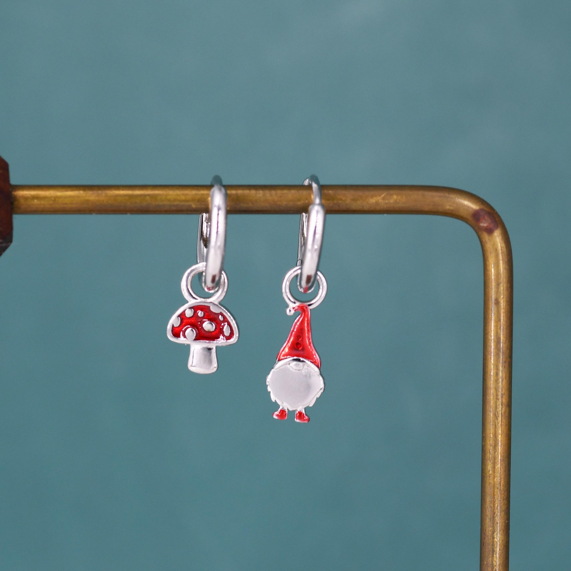 Mismatched Gnome and Mushroom Huggie Hoop Earrings in Sterling Silver with Hand Painted Enamel, Winter Earrings, Christmas Earrings