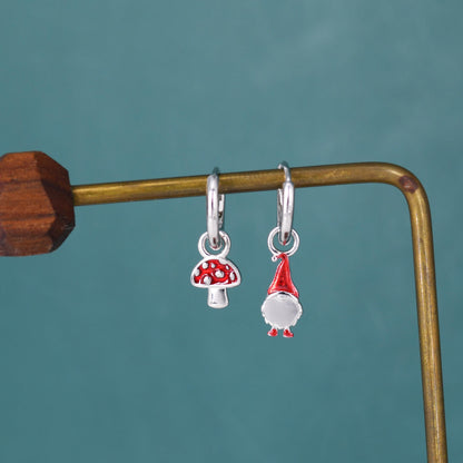 Mismatched Gnome and Mushroom Huggie Hoop Earrings in Sterling Silver with Hand Painted Enamel, Winter Earrings, Christmas Earrings