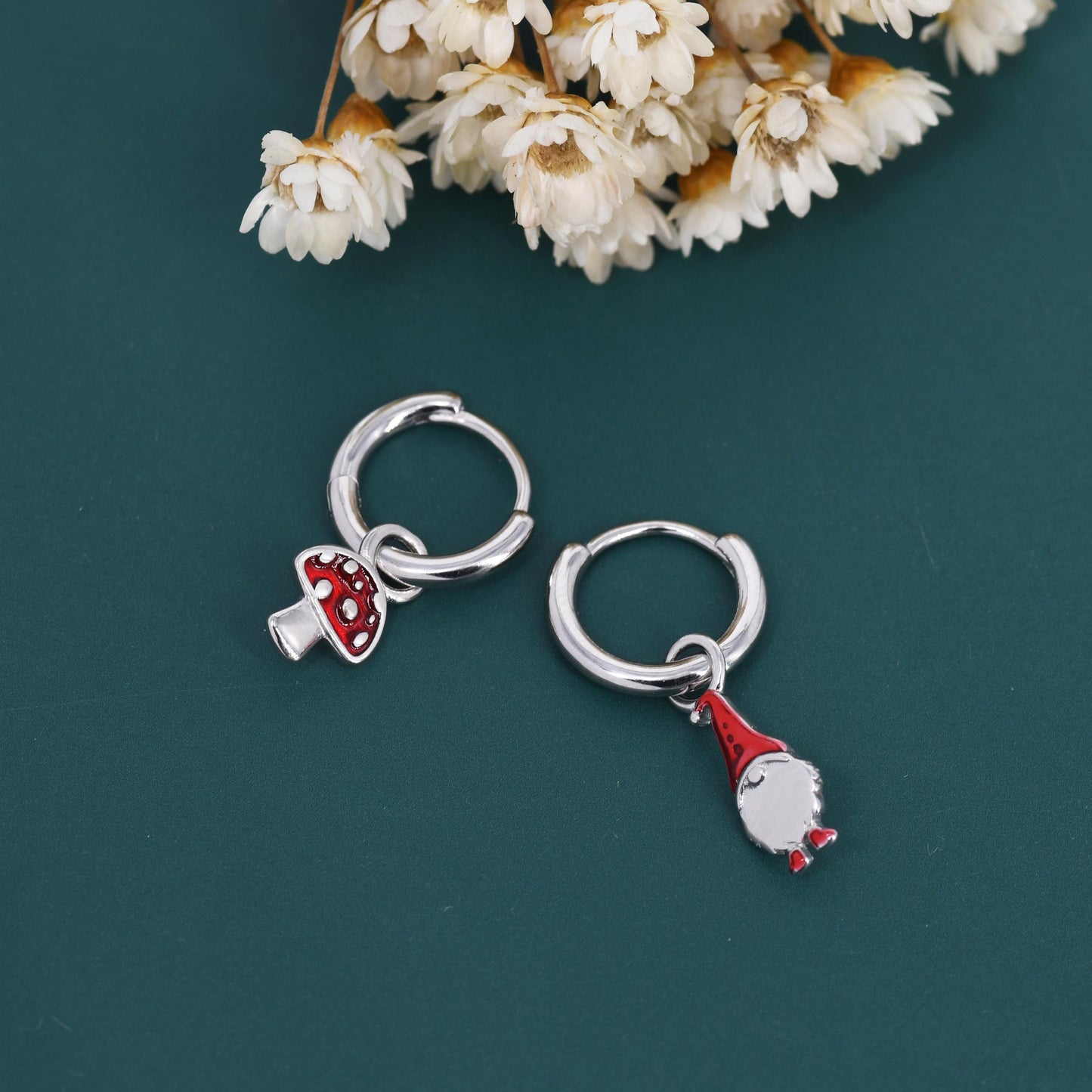 Mismatched Gnome and Mushroom Huggie Hoop Earrings in Sterling Silver with Hand Painted Enamel, Winter Earrings, Christmas Earrings