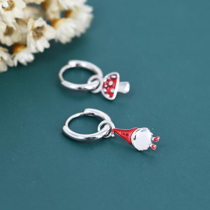 Mismatched Gnome and Mushroom Huggie Hoop Earrings in Sterling Silver with Hand Painted Enamel, Winter Earrings, Christmas Earrings