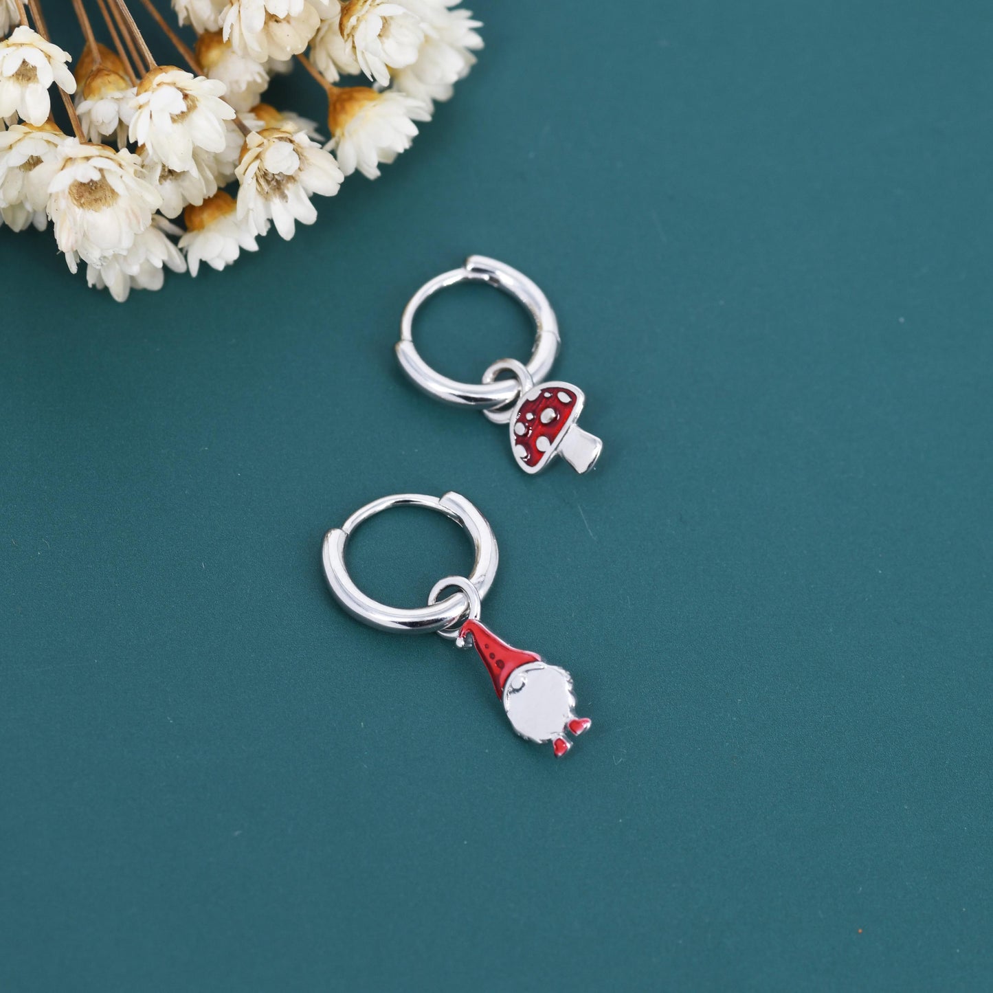 Mismatched Gnome and Mushroom Huggie Hoop Earrings in Sterling Silver with Hand Painted Enamel, Winter Earrings, Christmas Earrings