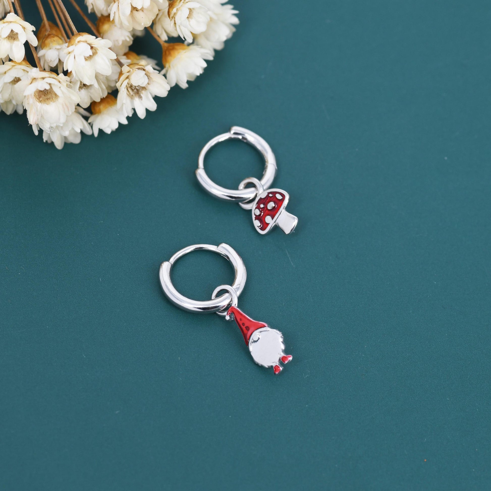 Mismatched Gnome and Mushroom Huggie Hoop Earrings in Sterling Silver with Hand Painted Enamel, Winter Earrings, Christmas Earrings