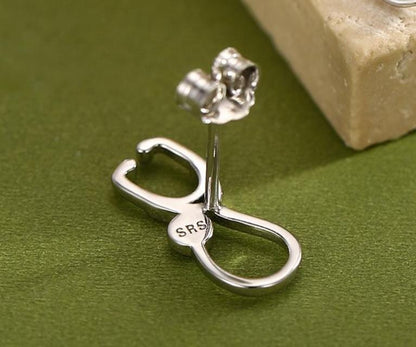 Mismatched Stethoscope and Heartbeat Stud Earrings in Sterling Silver, Available in Silver, Gold or Rose Gold Finish
