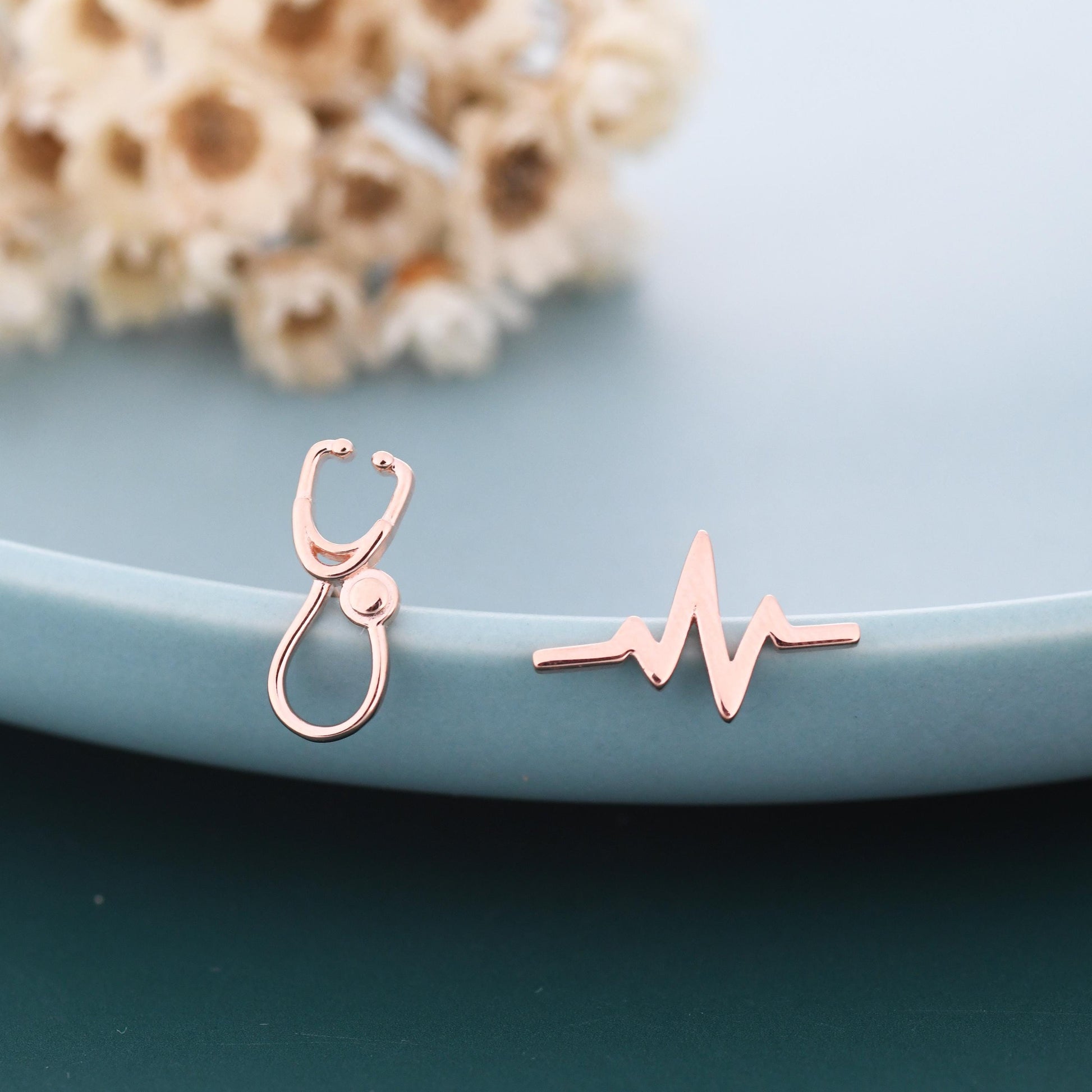 Mismatched Stethoscope and Heartbeat Stud Earrings in Sterling Silver, Available in Silver, Gold or Rose Gold Finish