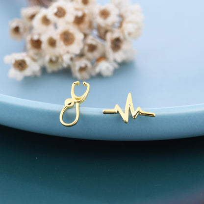 Mismatched Stethoscope and Heartbeat Stud Earrings in Sterling Silver, Available in Silver, Gold or Rose Gold Finish