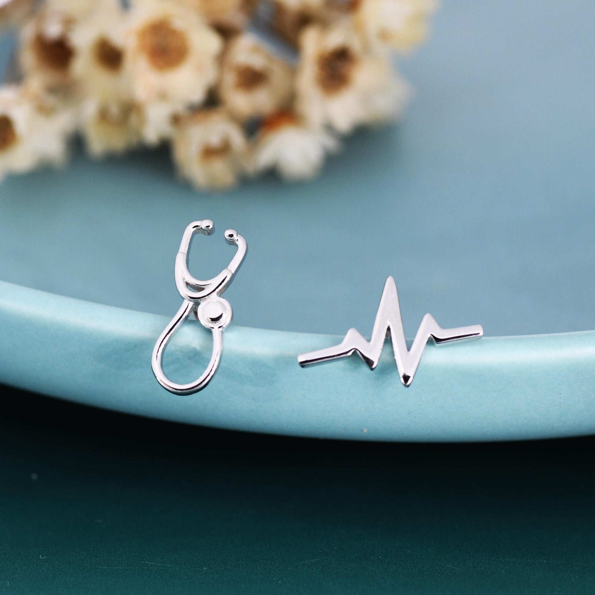Mismatched Stethoscope and Heartbeat Stud Earrings in Sterling Silver, Available in Silver, Gold or Rose Gold Finish