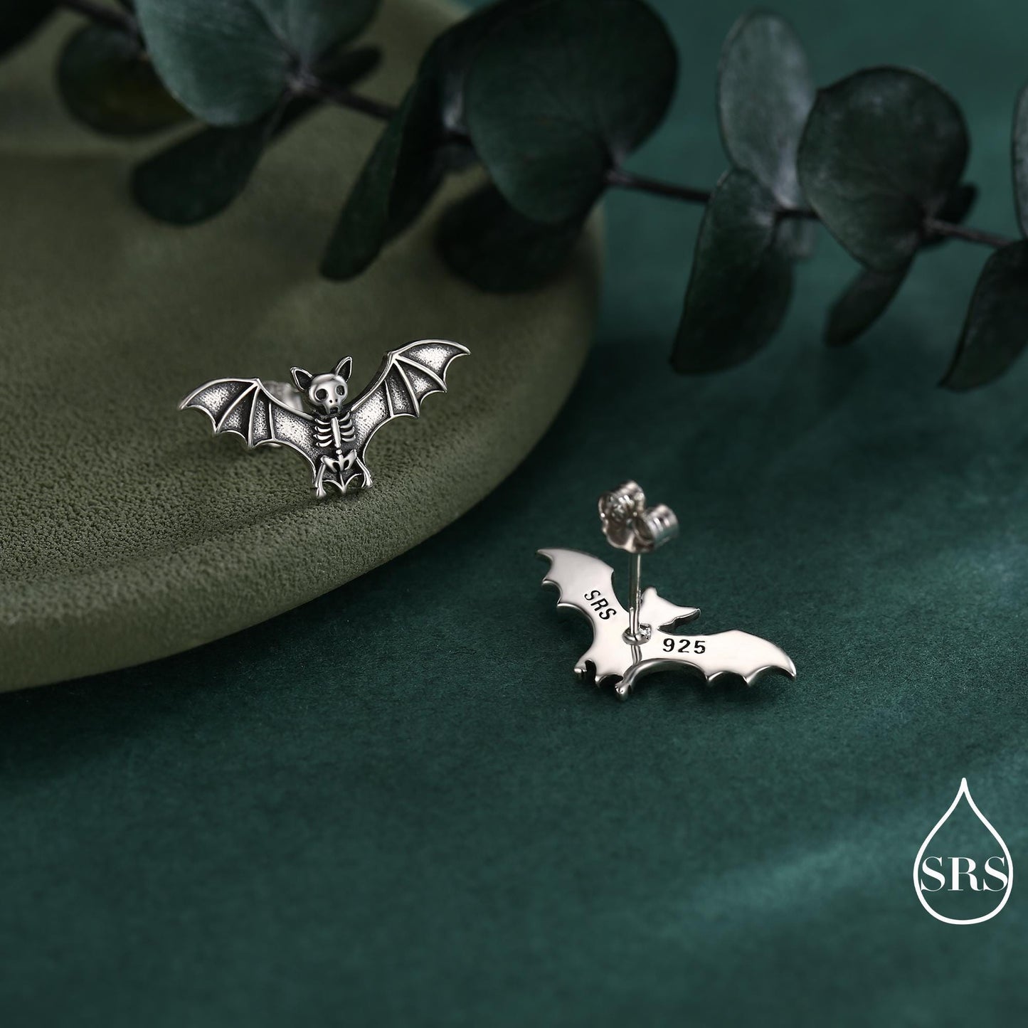 Bat Skeleton Stud Earrings in Sterling Silver, Oxidised Finish, Bat with Wings Earrings, Oxidised Silver Bat Earrings