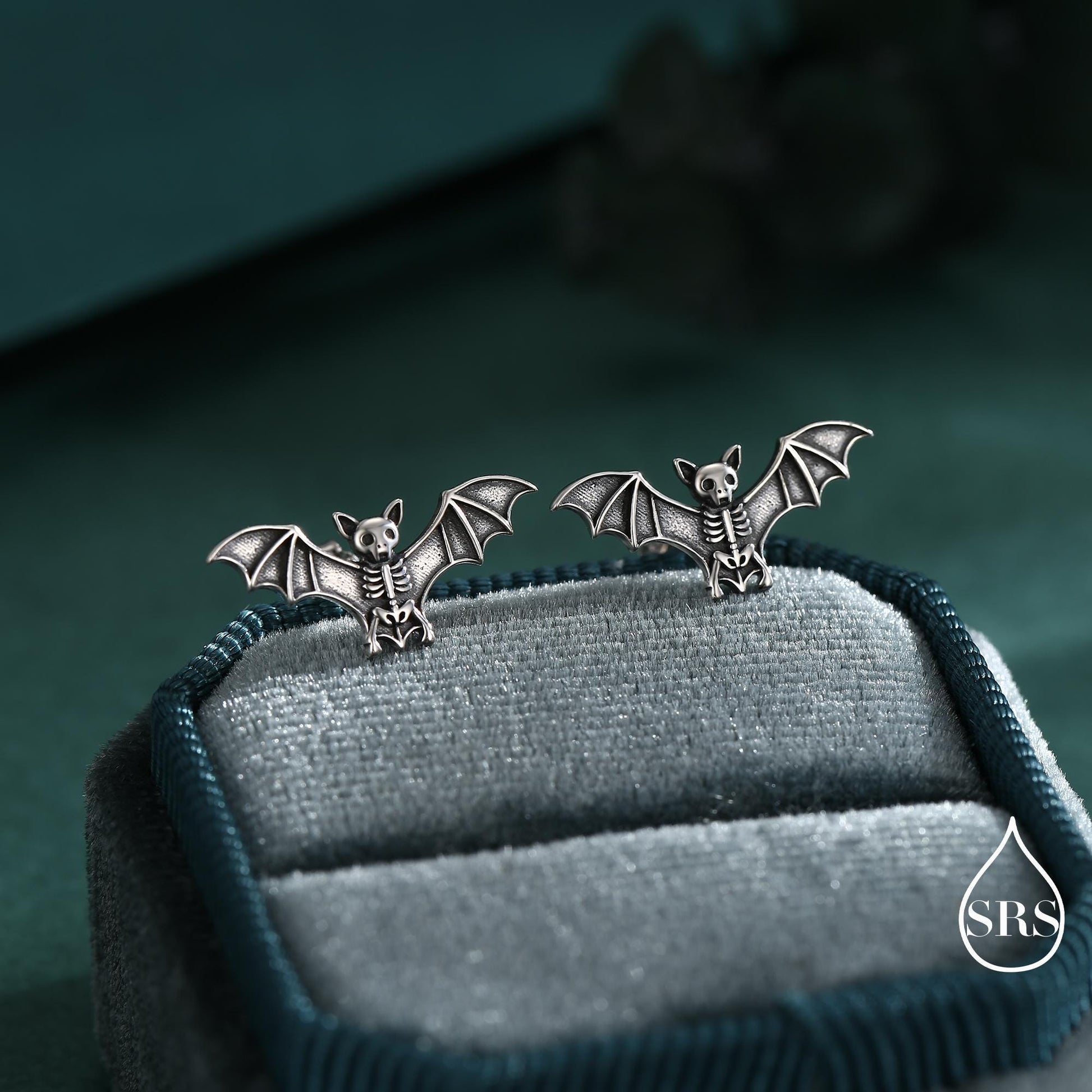 Bat Skeleton Stud Earrings in Sterling Silver, Oxidised Finish, Bat with Wings Earrings, Oxidised Silver Bat Earrings