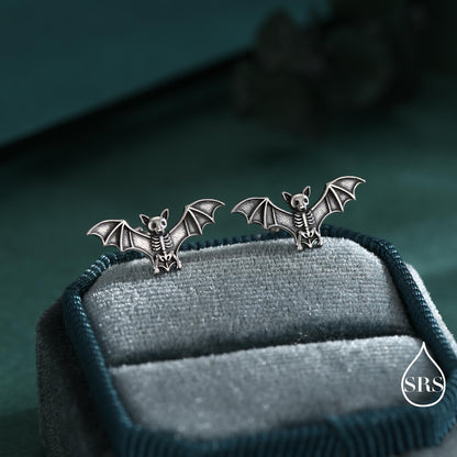 Bat Skeleton Stud Earrings in Sterling Silver, Oxidised Finish, Bat with Wings Earrings, Oxidised Silver Bat Earrings