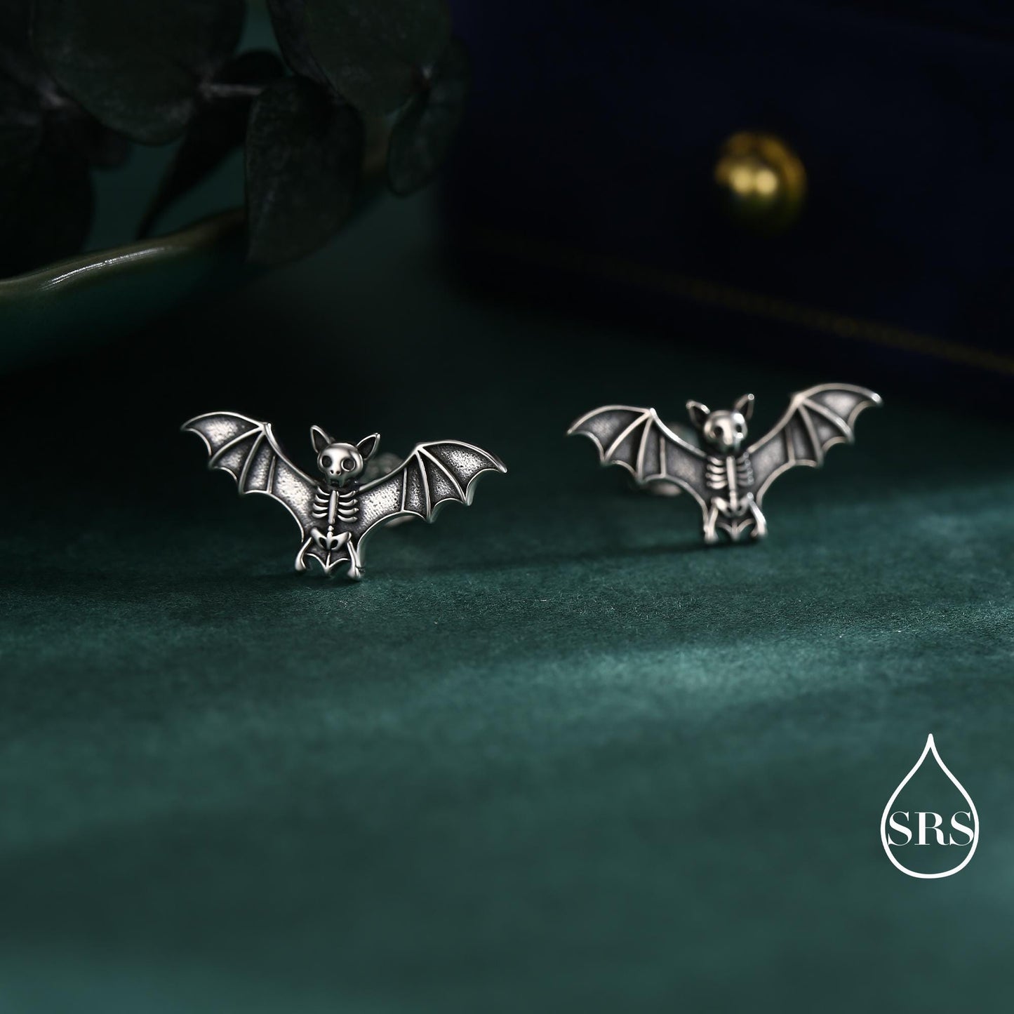Bat Skeleton Stud Earrings in Sterling Silver, Oxidised Finish, Bat with Wings Earrings, Oxidised Silver Bat Earrings