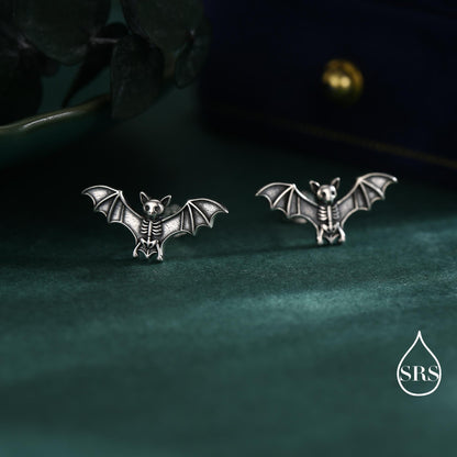 Bat Skeleton Stud Earrings in Sterling Silver, Oxidised Finish, Bat with Wings Earrings, Oxidised Silver Bat Earrings
