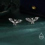 Bat Skeleton Stud Earrings in Sterling Silver, Oxidised Finish, Bat with Wings Earrings, Oxidised Silver Bat Earrings