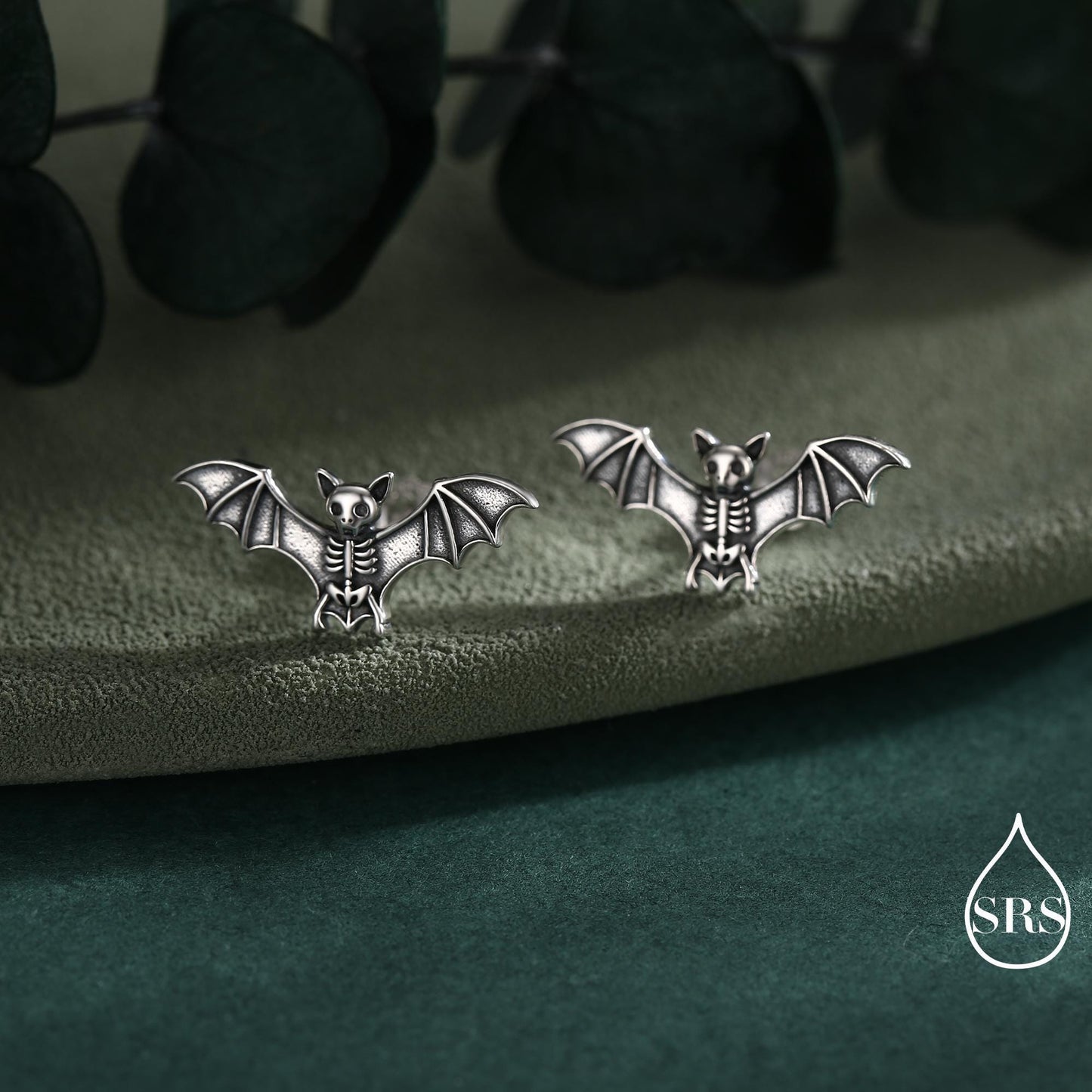 Bat Skeleton Stud Earrings in Sterling Silver, Oxidised Finish, Bat with Wings Earrings, Oxidised Silver Bat Earrings