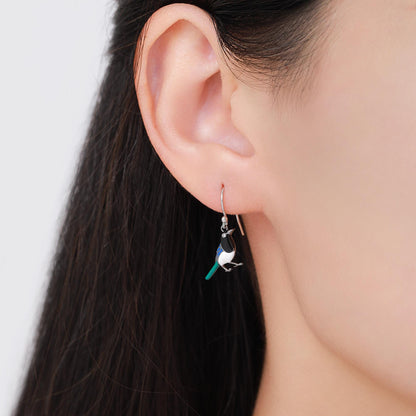 Sterling Silver Magpie Drop Hook Earrings, Enamel Coated Magpie Bird Earrings, Nature-Inspired Animal Earrings, Magpie Earrings