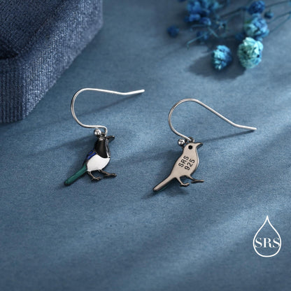 Sterling Silver Magpie Drop Hook Earrings, Enamel Coated Magpie Bird Earrings, Nature-Inspired Animal Earrings, Magpie Earrings