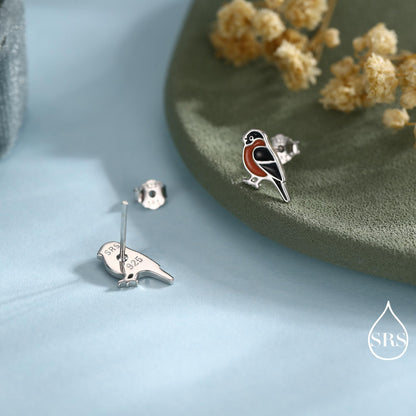 Bullfinch Sterling Silver Stud Earrings, Enamel Coated Bullfinch Bird Earrings, Nature Inspired Animal Earrings, Finch Stud