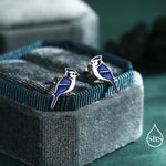Blue Jay Sterling Silver Stud Earrings, Enamel Coated Blue Jay Bird Earrings, Nature Inspired Animal Earrings