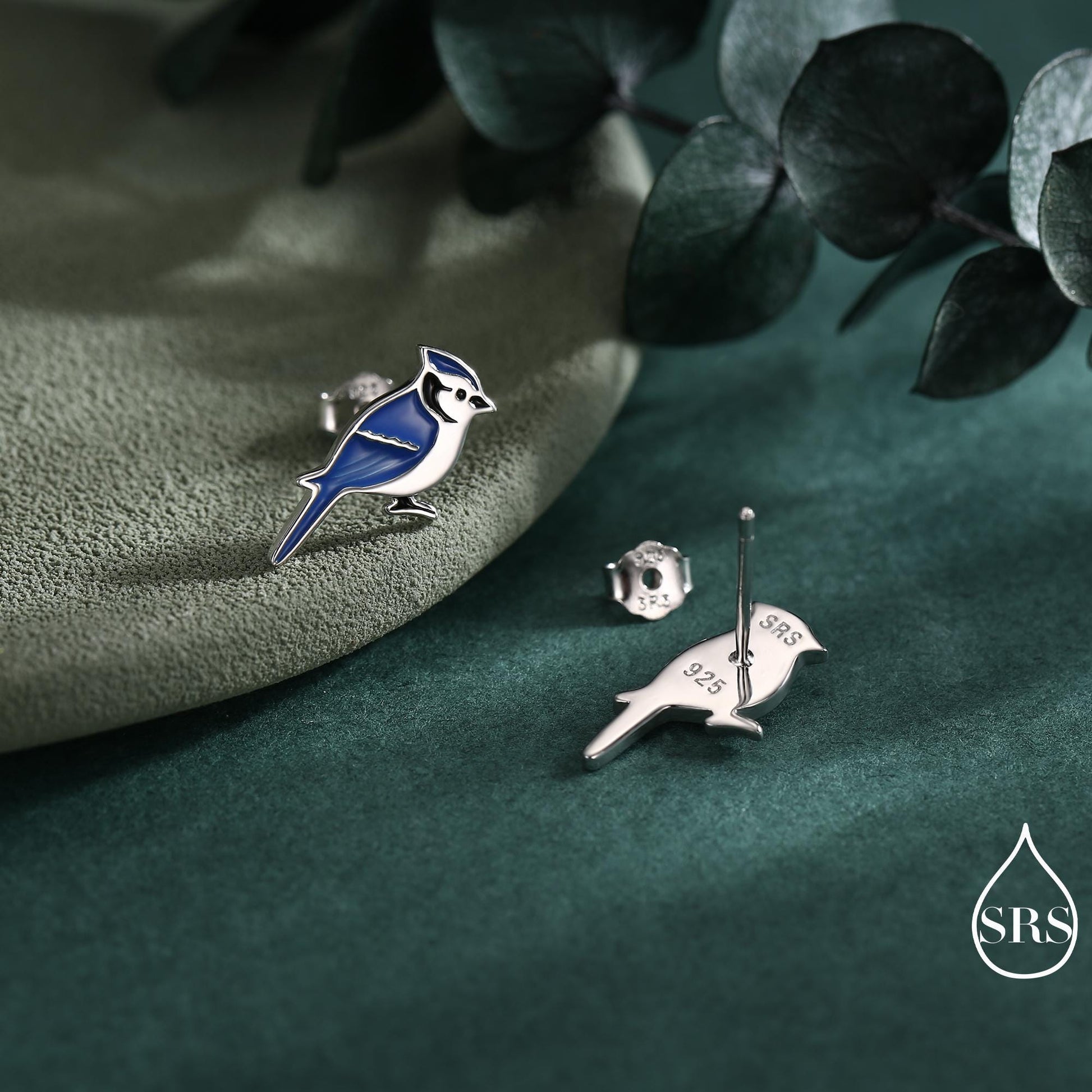 Blue Jay Sterling Silver Stud Earrings, Enamel Coated Blue Jay Bird Earrings, Nature Inspired Animal Earrings