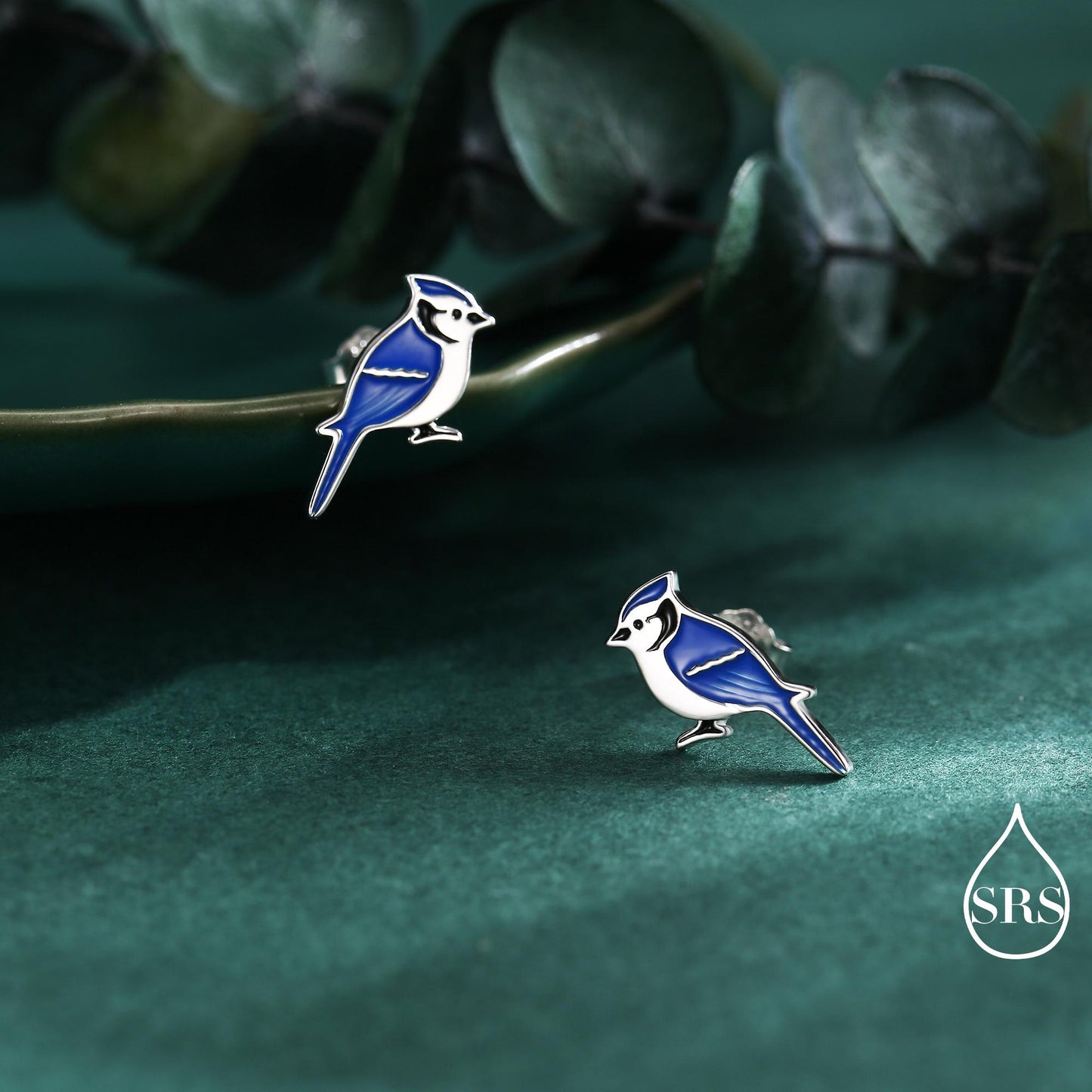 Blue Jay Sterling Silver Stud Earrings, Enamel Coated Blue Jay Bird Earrings, Nature Inspired Animal Earrings