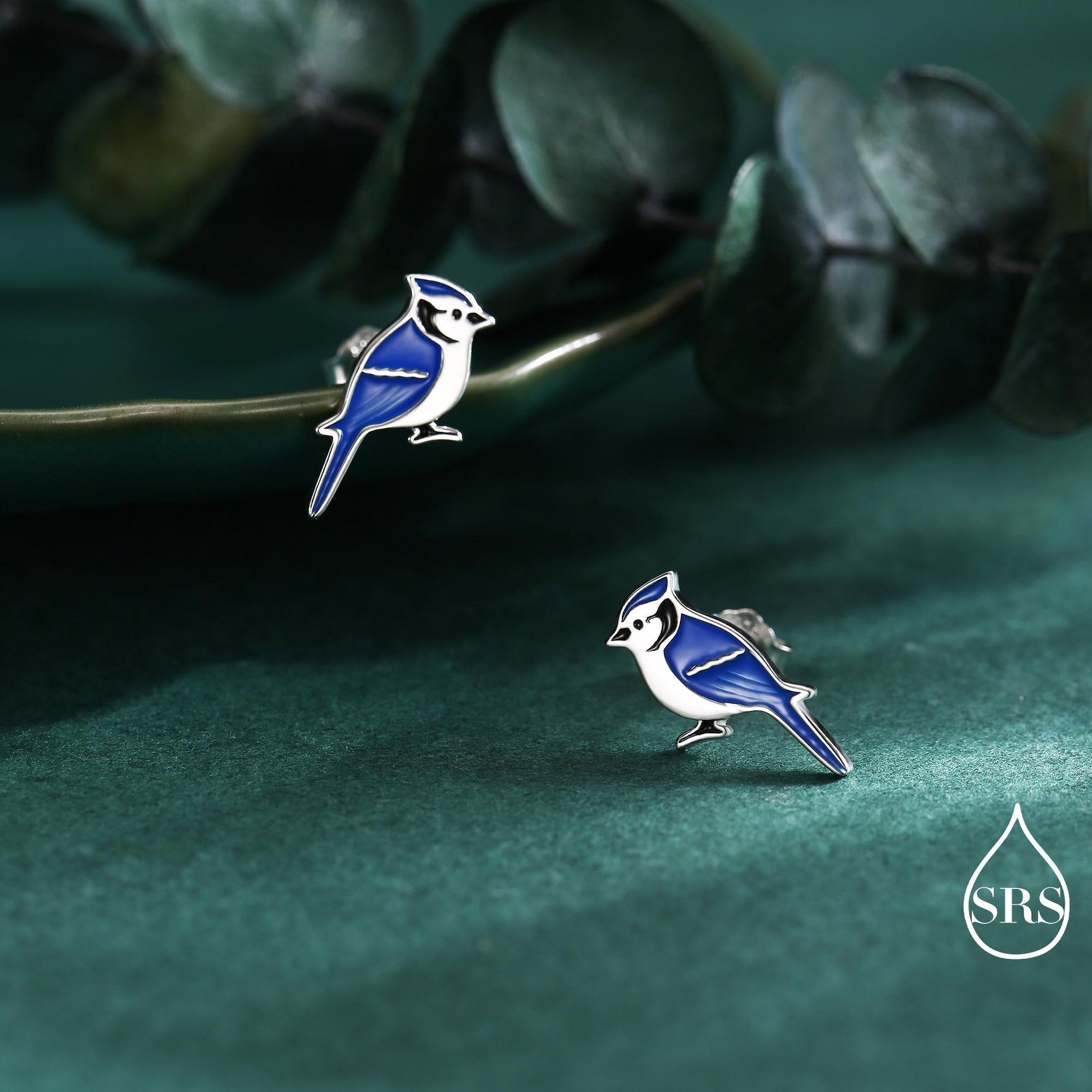 Blue Jay Sterling Silver Stud Earrings, Enamel Coated Blue Jay Bird Earrings, Nature Inspired Animal Earrings