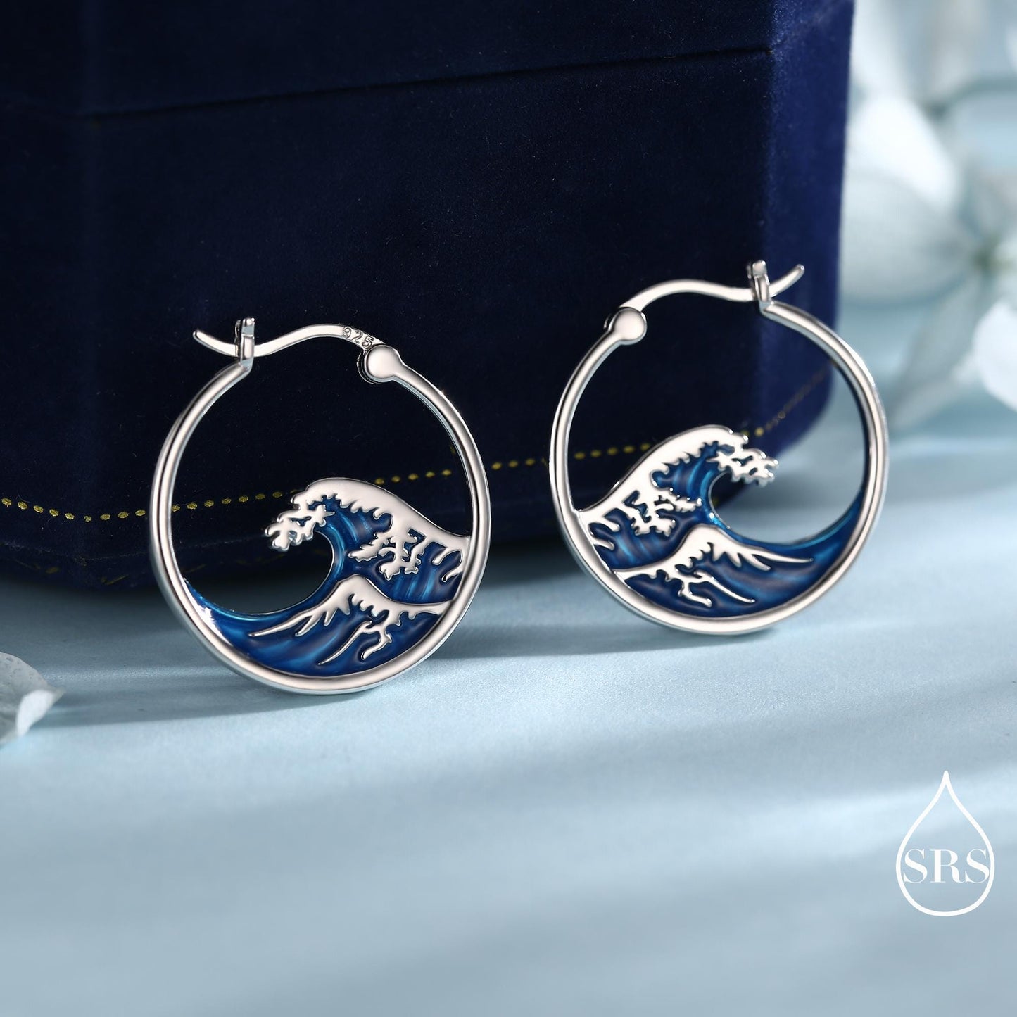 The Great Wave Sterling Silver Hoop Earrings, Large Statement Hoops with Hand Applied Enamel, Wave Earrings, Ocean Earrings