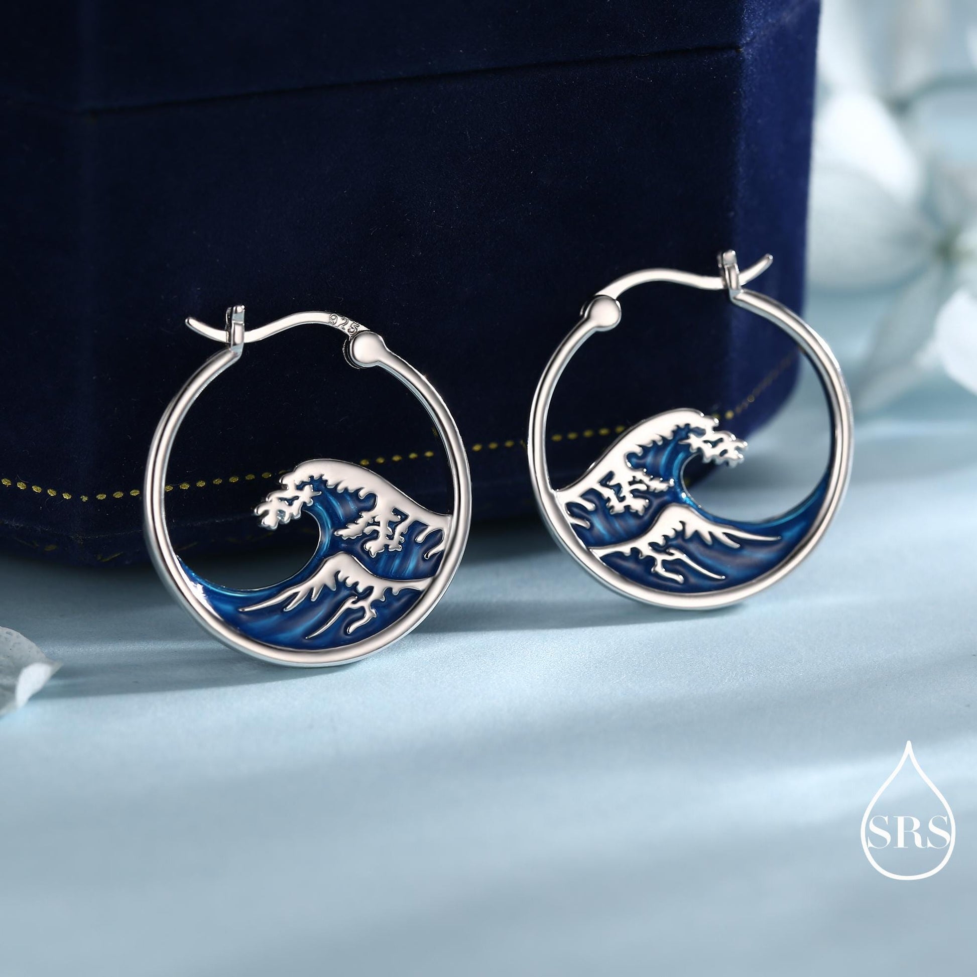 The Great Wave Sterling Silver Hoop Earrings, Large Statement Hoops with Hand Applied Enamel, Wave Earrings, Ocean Earrings