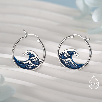 The Great Wave Sterling Silver Hoop Earrings, Large Statement Hoops with Hand Applied Enamel, Wave Earrings, Ocean Earrings