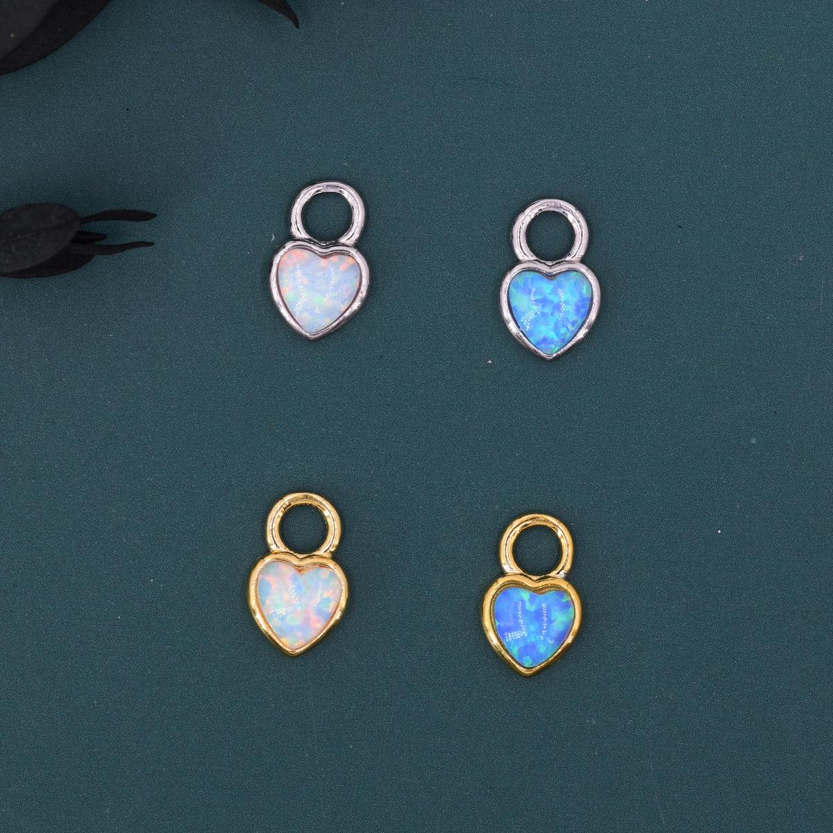 Opal/Onyx Heart Charms for Huggie Hoops, Detachable Genuine Onyx Heart Charms, Lab Created White/Blue Opal Charms for Hoops, Red/ Black Onyx