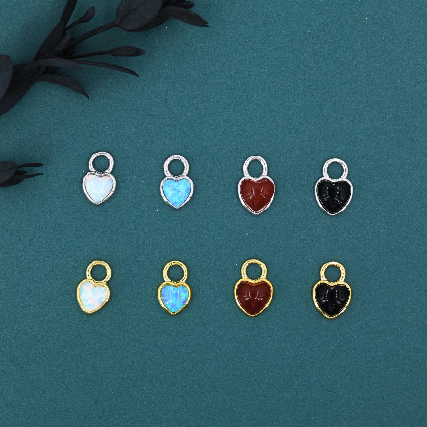 Opal/Onyx Heart Charms for Huggie Hoops, Detachable Genuine Onyx Heart Charms, Lab Created White/Blue Opal Charms for Hoops, Red/ Black Onyx