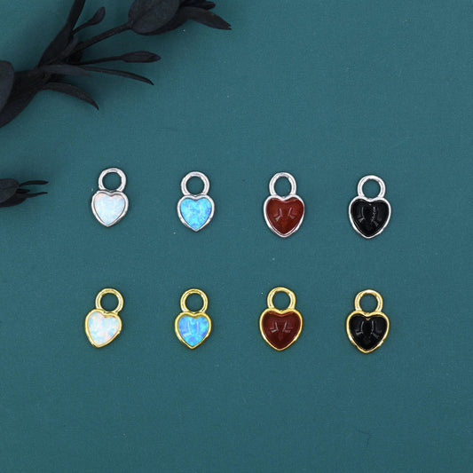 Opal/Onyx Heart Charms for Huggie Hoops, Detachable Genuine Onyx Heart Charms, Lab Created White/Blue Opal Charms for Hoops, Red/ Black Onyx