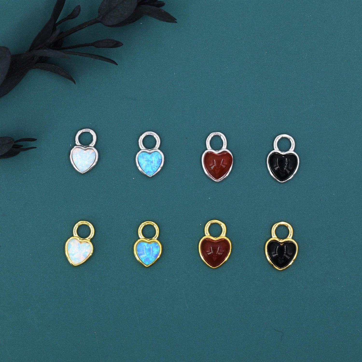 Opal/Onyx Heart Charms for Huggie Hoops, Detachable Genuine Onyx Heart Charms, Lab Created White/Blue Opal Charms for Hoops, Red/ Black Onyx