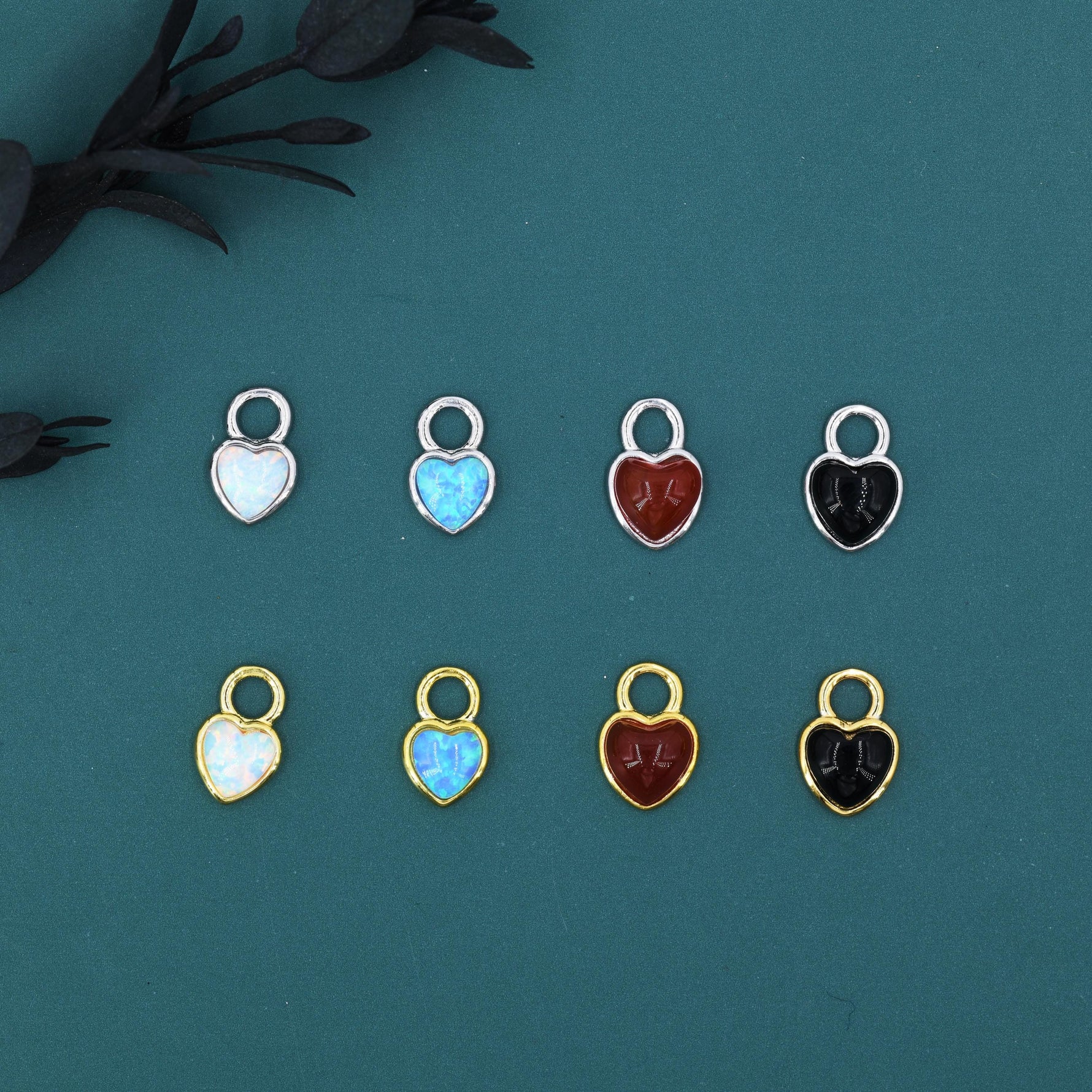 Opal/Onyx Heart Charms for Huggie Hoops, Detachable Genuine Onyx Heart Charms, Lab Created White/Blue Opal Charms for Hoops, Red/ Black Onyx
