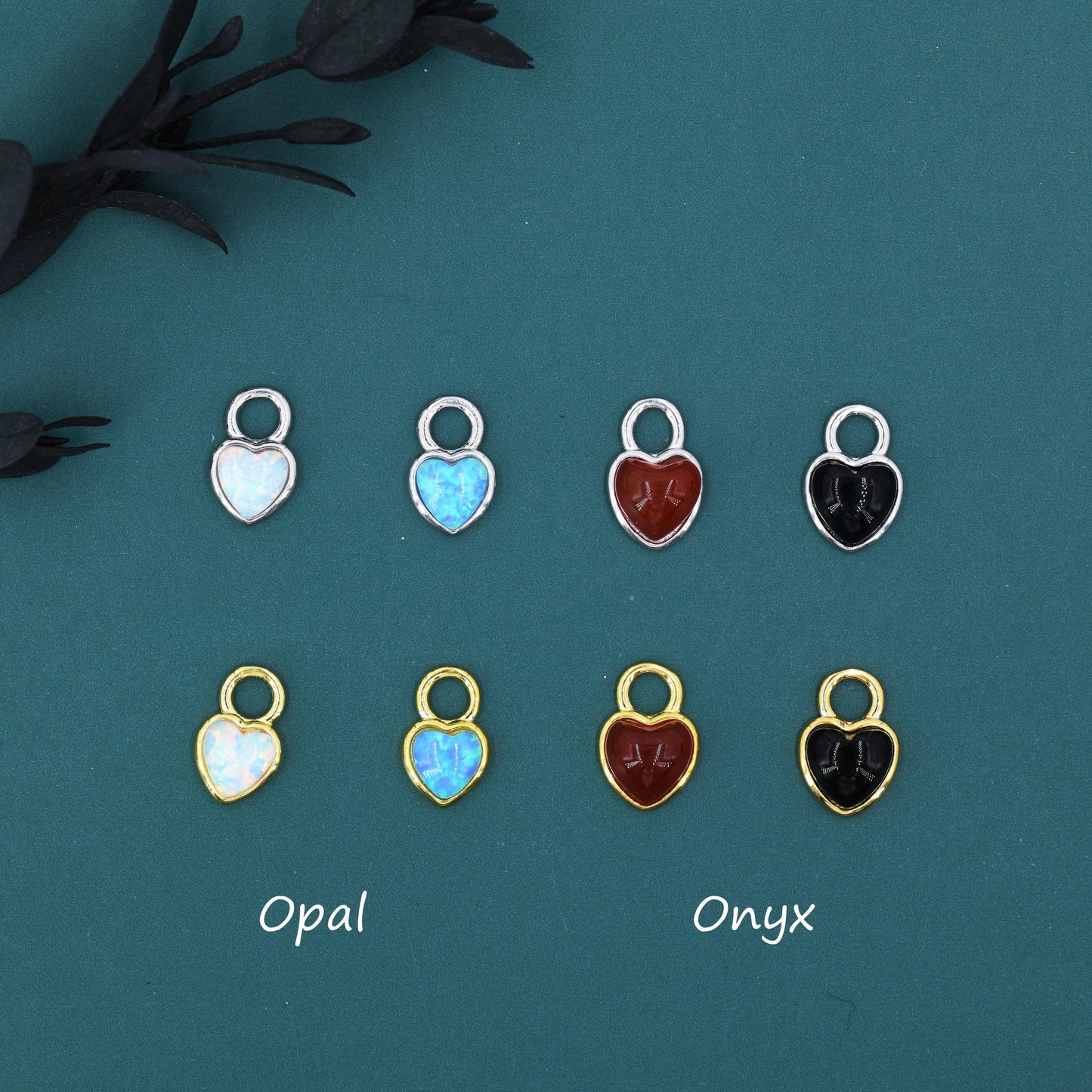 Opal/Onyx Heart Charms for Huggie Hoops, Detachable Genuine Onyx Heart Charms, Lab Created White/Blue Opal Charms for Hoops, Red/ Black Onyx