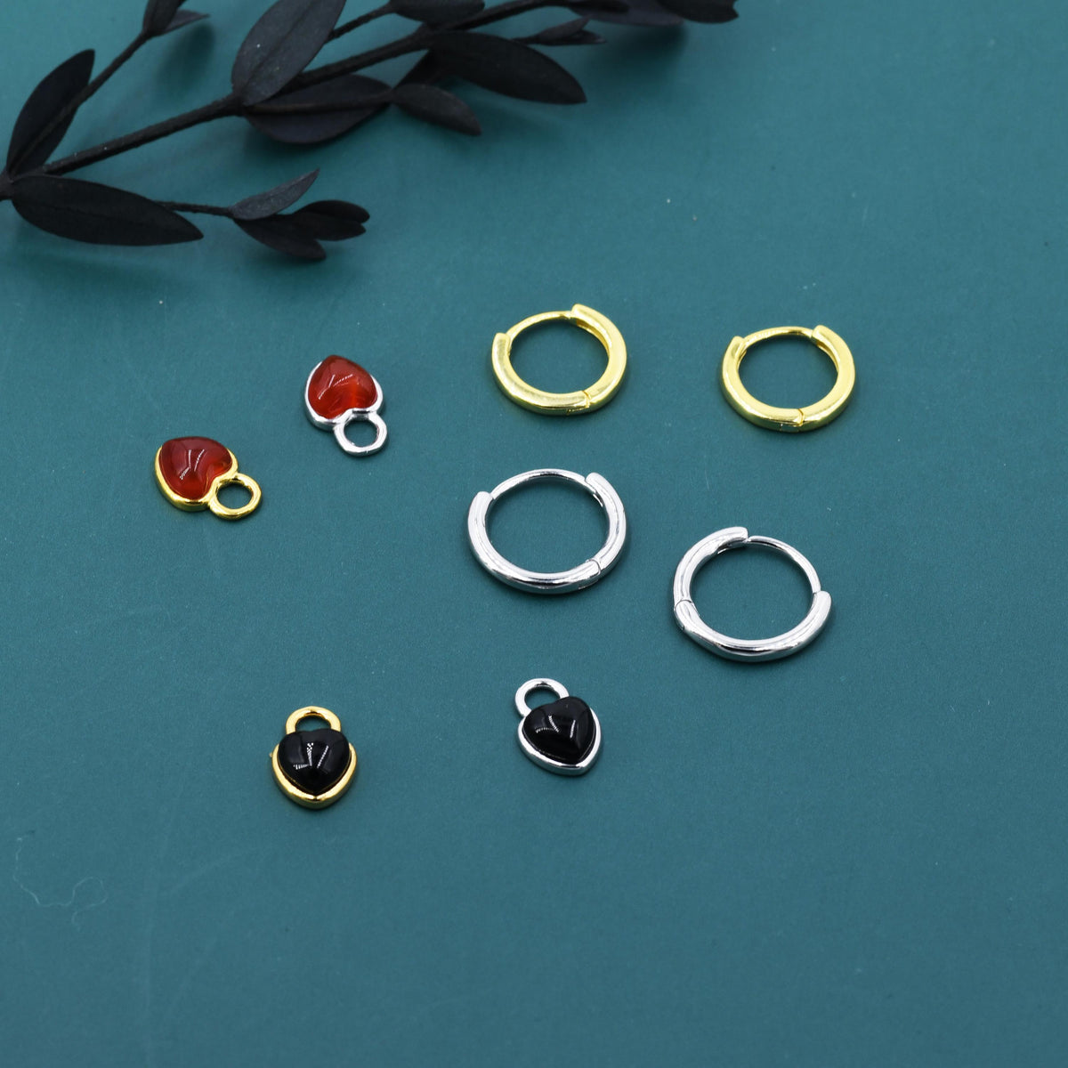 Moonstone/Opal/Onyx Heart Charms for Huggie Hoops, Detachable Heart Charms, Lab Created Moonstone/Opal Charms for Hoops, Red and Black Onyx