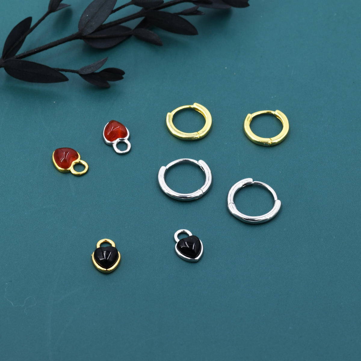 Opal/Onyx Heart Charms for Huggie Hoops, Detachable Genuine Onyx Heart Charms, Lab Created White/Blue Opal Charms for Hoops, Red/ Black Onyx