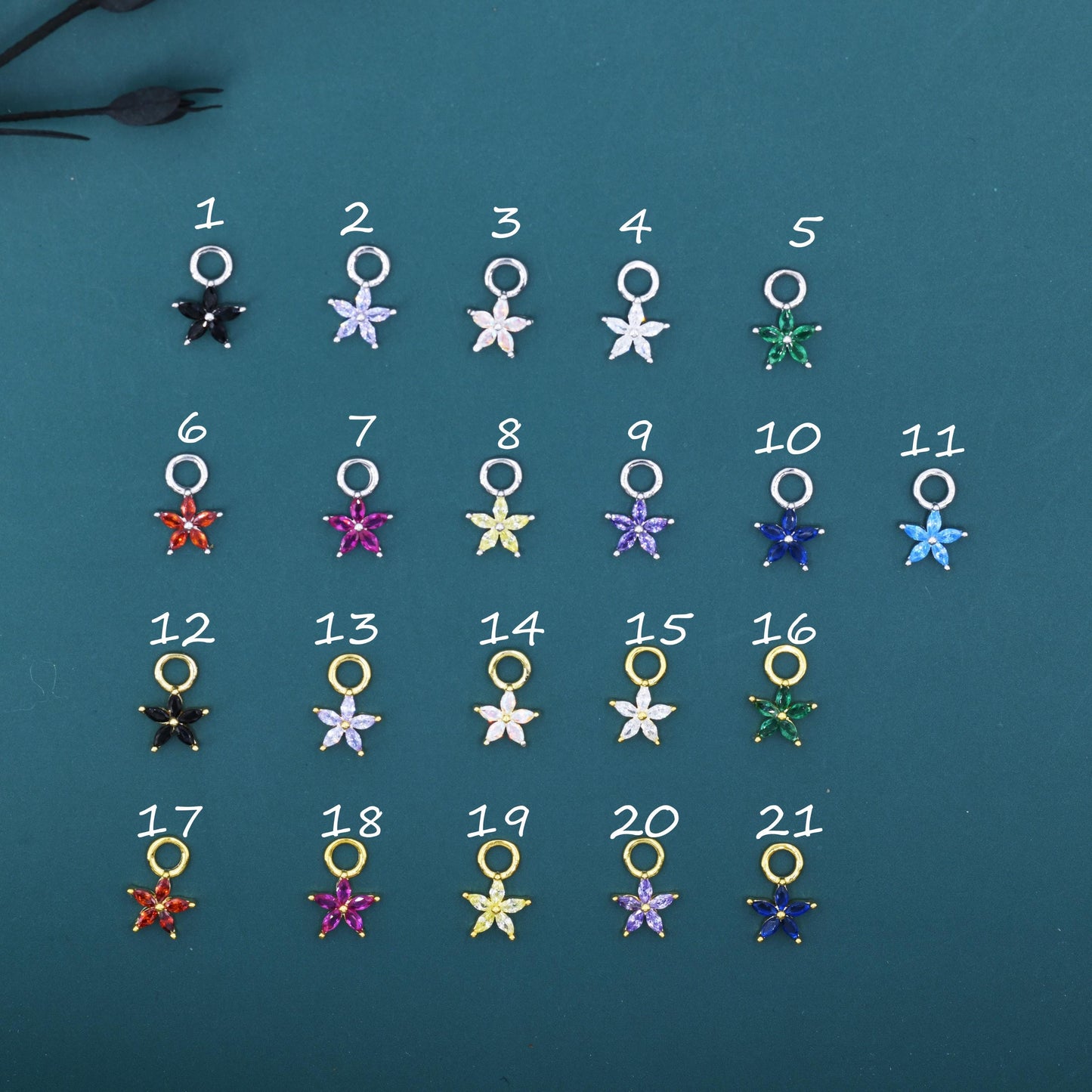 CZ Flower Charms for Huggie Hoops, Sterling Silver Crystal Flower Charms, Detachable Charms for Hoop Earrings, Silver or Gold Finish