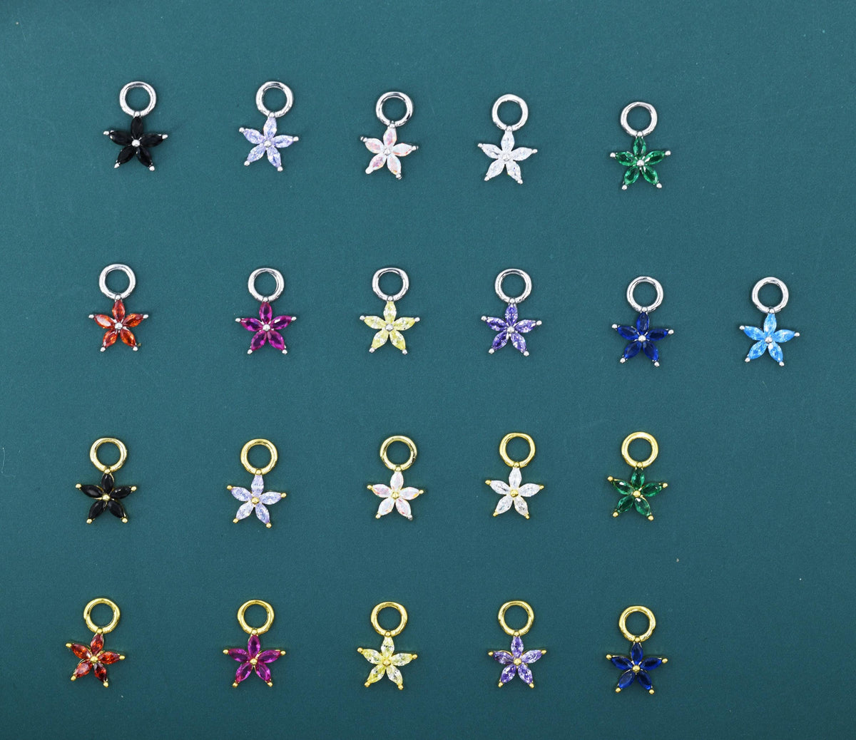 CZ Flower Charms for Huggie Hoops, Sterling Silver Crystal Flower Charms, Detachable Charms for Hoop Earrings, Silver or Gold Finish