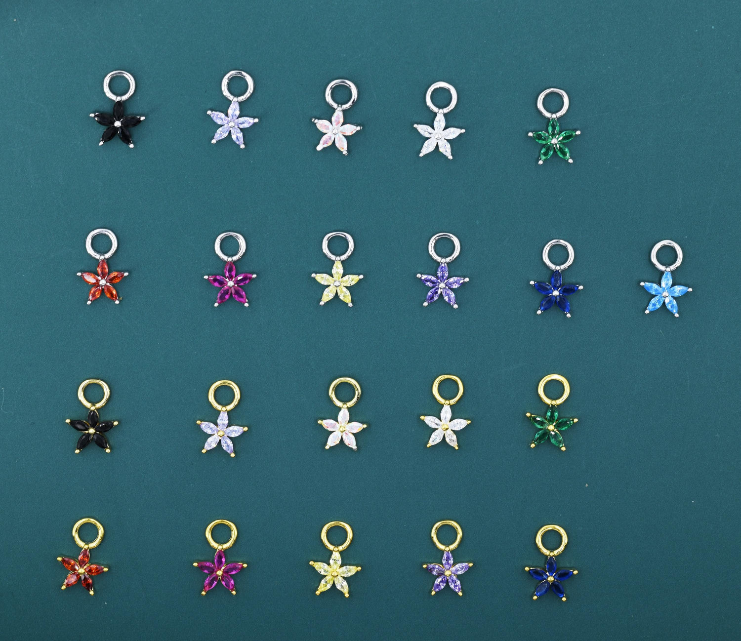 CZ Flower Charms for Huggie Hoops, Sterling Silver Crystal Flower Charms, Detachable Charms for Hoop Earrings, Silver or Gold Finish