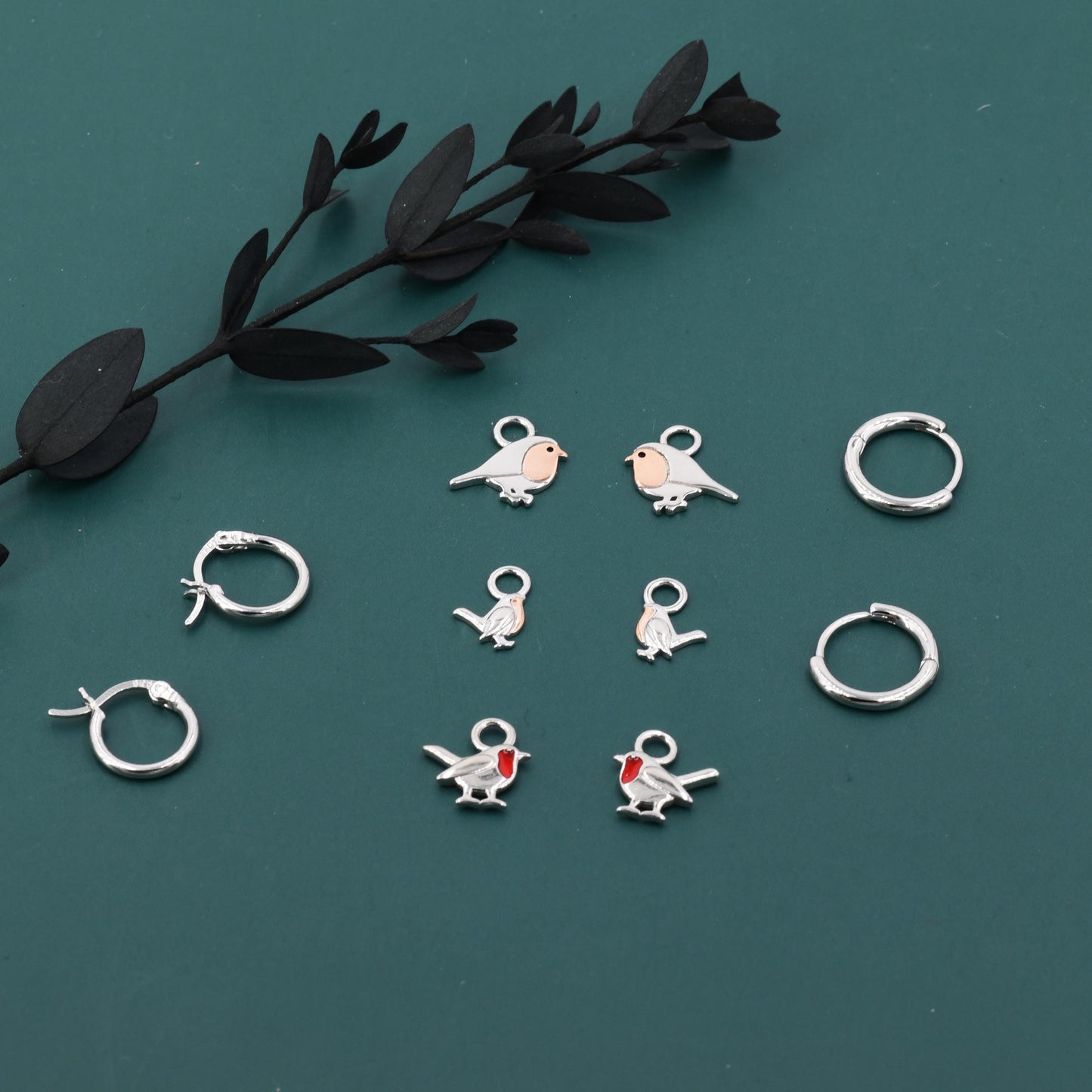 Robin Bird Charms for Huggie Hoops in Sterling Silver, Two Tone Robin Hoop Earrings, Bird Charms for Hoops Earrings, Robin Bird Hoop Charms