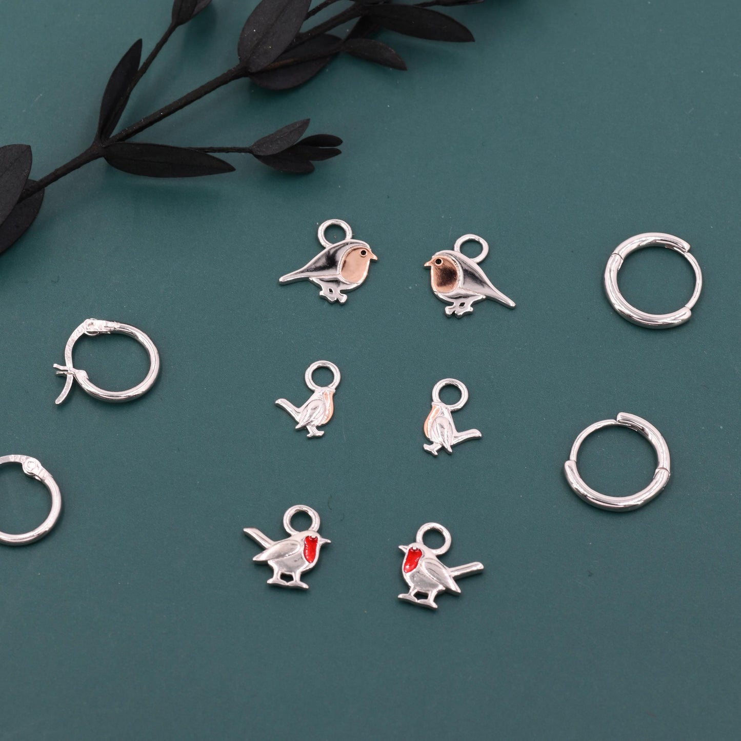 Robin Bird Charms for Huggie Hoops in Sterling Silver, Two Tone Robin Hoop Earrings, Bird Charms for Hoops Earrings, Robin Bird Hoop Charms