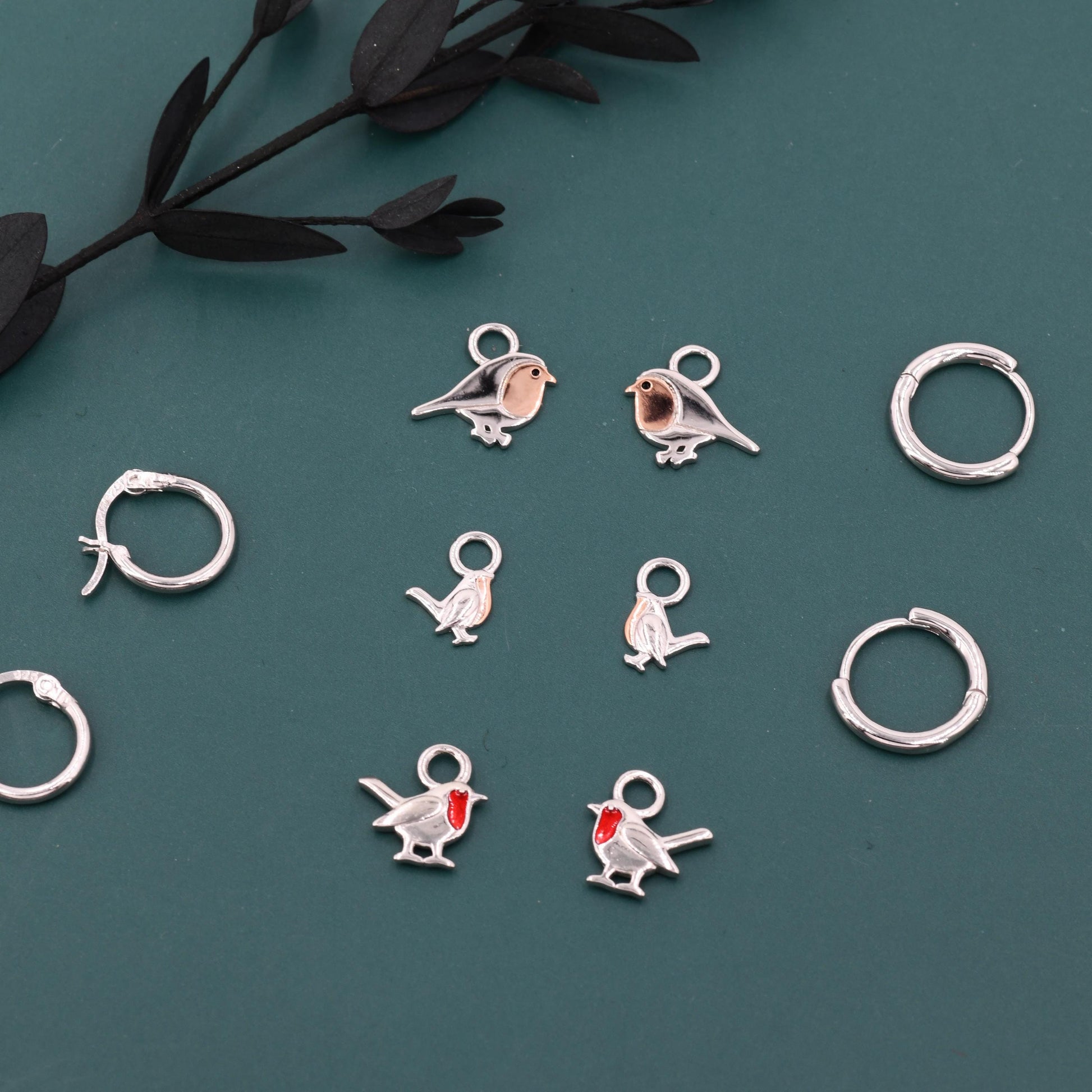 Robin Bird Charms for Huggie Hoops in Sterling Silver, Two Tone Robin Hoop Earrings, Bird Charms for Hoops Earrings, Robin Bird Hoop Charms