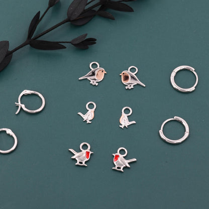 Robin Bird Charms for Huggie Hoops in Sterling Silver, Two Tone Robin Hoop Earrings, Bird Charms for Hoops Earrings, Robin Bird Hoop Charms