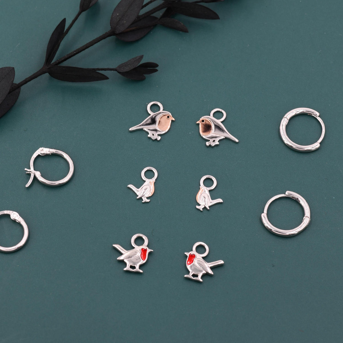 Robin Bird Charms for Huggie Hoops in Sterling Silver, Two Tone Robin Hoop Earrings, Bird Charms for Hoops Earrings, Robin Bird Hoop Charms