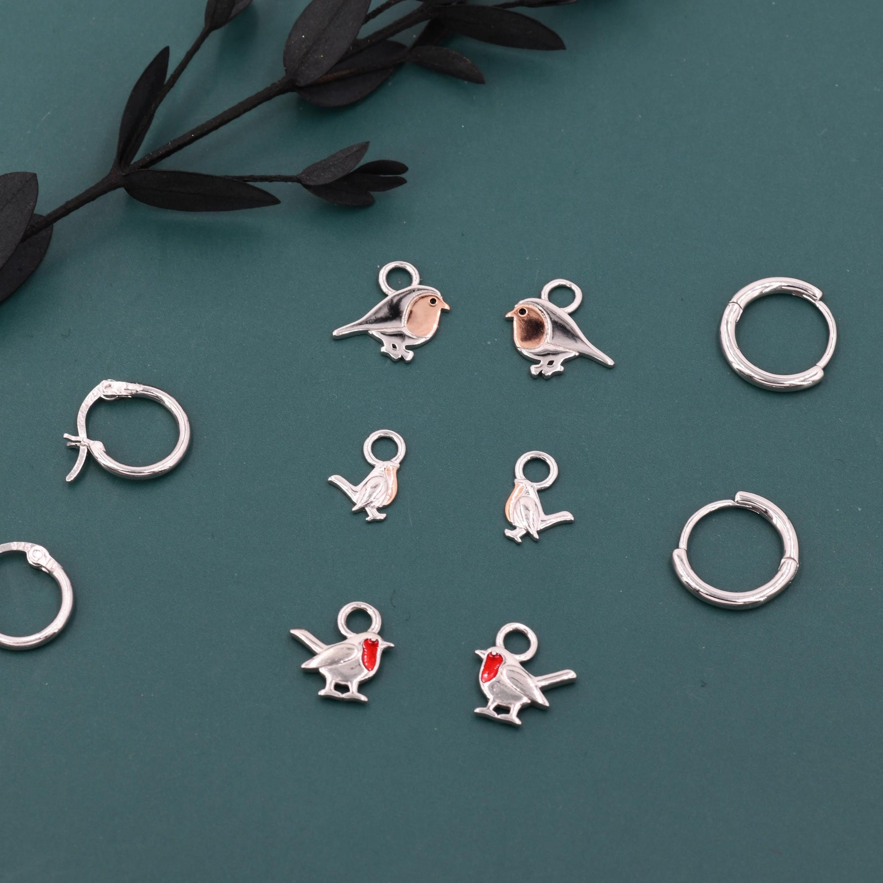 Robin Bird Charms for Huggie Hoops in Sterling Silver, Two Tone Robin Hoop Earrings, Bird Charms for Hoops Earrings, Robin Bird Hoop Charms