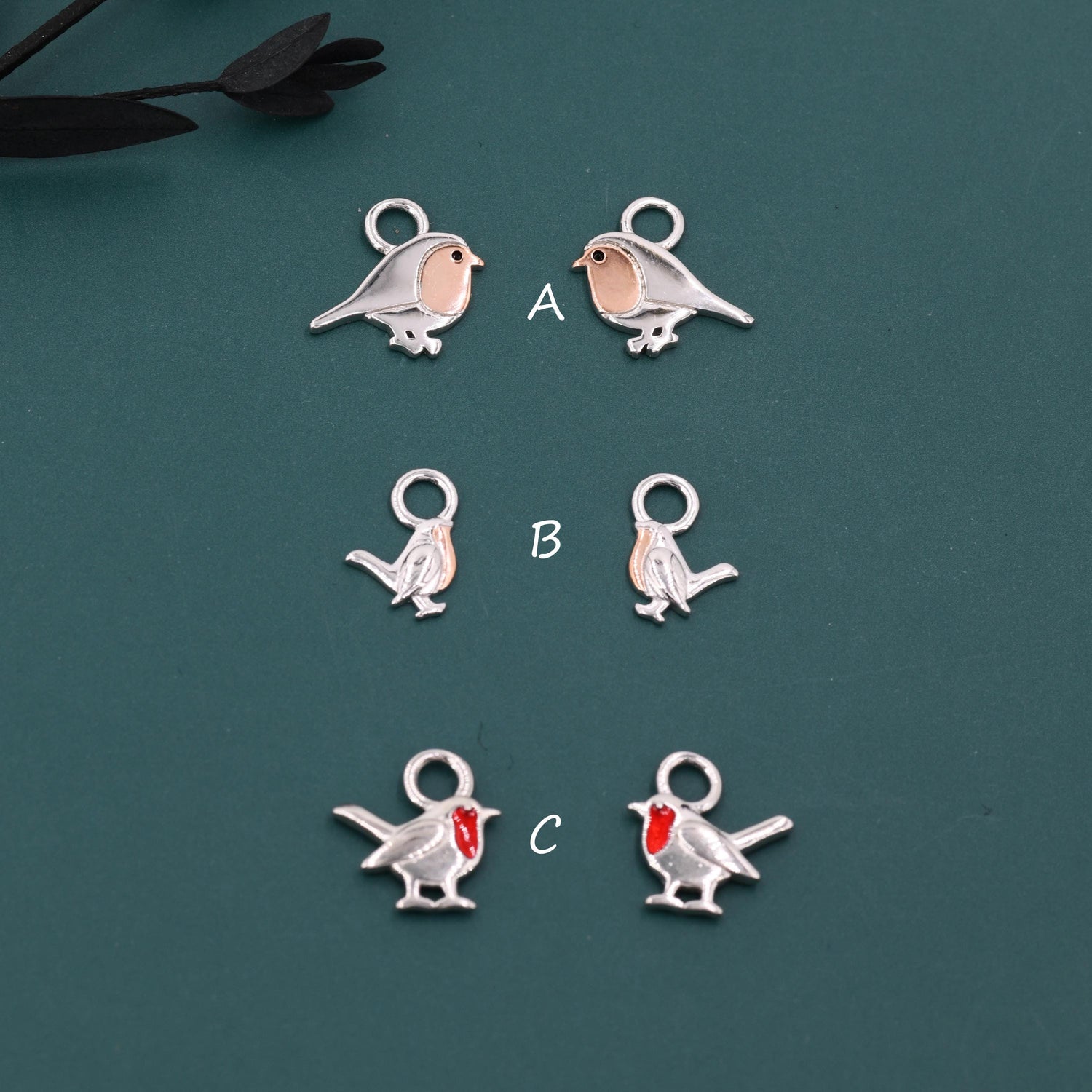 Robin Bird Charms for Huggie Hoops in Sterling Silver, Two Tone Robin Hoop Earrings, Bird Charms for Hoops Earrings, Robin Bird Hoop Charms