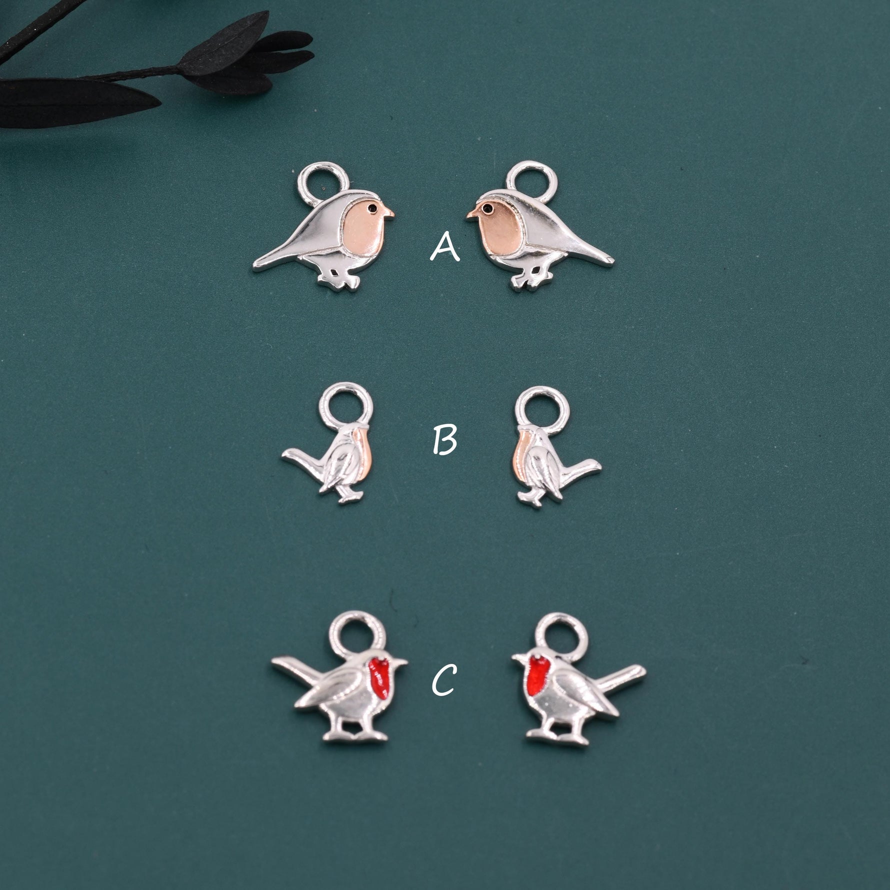 Robin Bird Charms for Huggie Hoops in Sterling Silver, Two Tone Robin Hoop Earrings, Bird Charms for Hoops Earrings, Robin Bird Hoop Charms