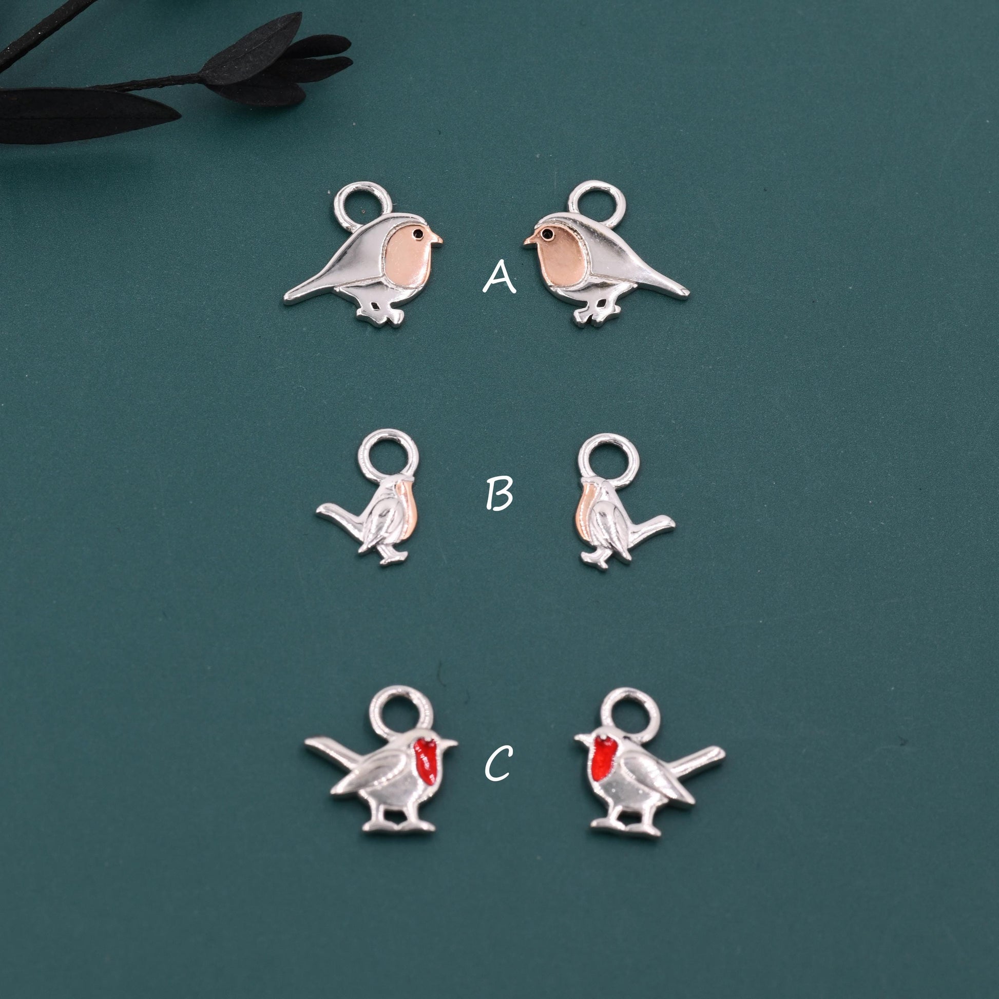 Robin Bird Charms for Huggie Hoops in Sterling Silver, Two Tone Robin Hoop Earrings, Bird Charms for Hoops Earrings, Robin Bird Hoop Charms