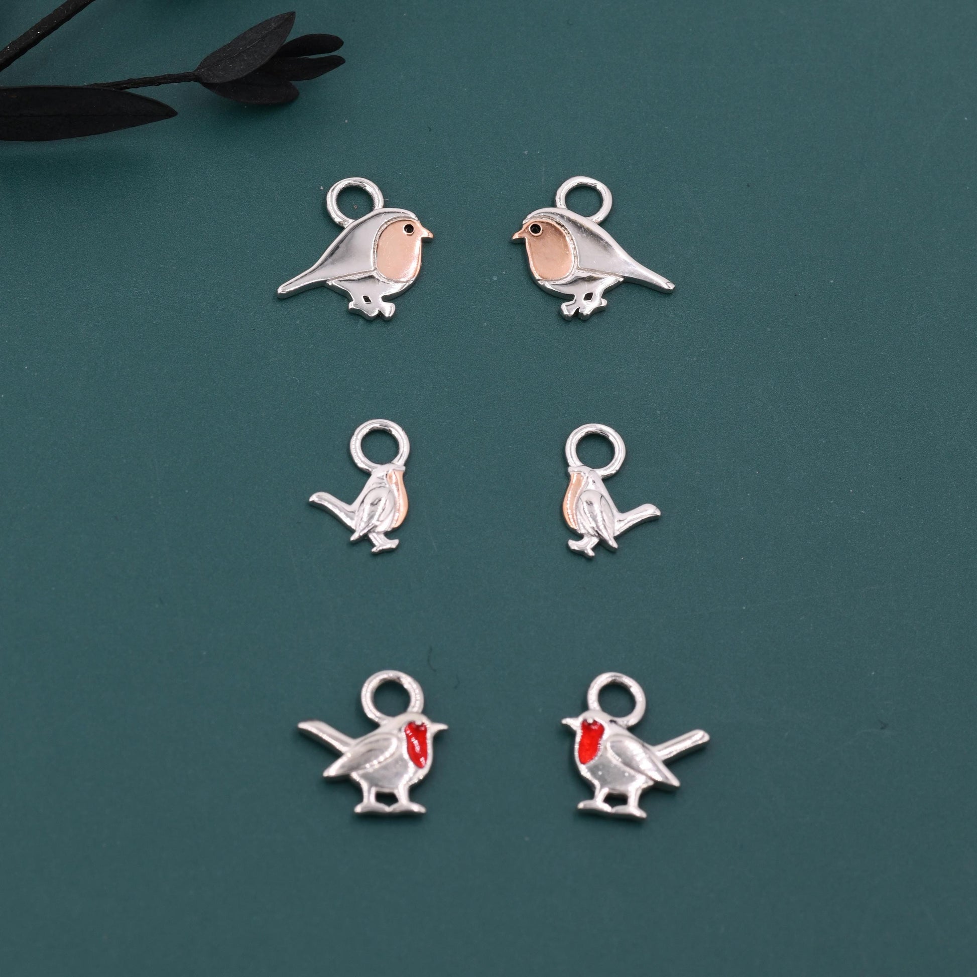 Robin Bird Charms for Huggie Hoops in Sterling Silver, Two Tone Robin Hoop Earrings, Bird Charms for Hoops Earrings, Robin Bird Hoop Charms