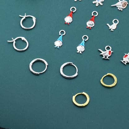 Christmas Charms for Huggie Hoops in Sterling Silver, Snowflake Charms, Gnome Charms, Bird Charms for Hoops Earrings, Robin Bird Hoop Charms
